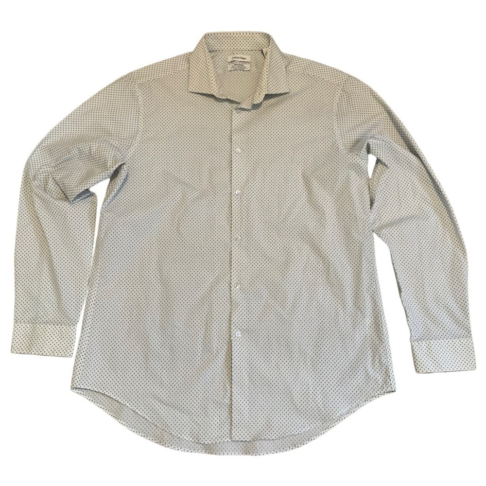 Calvin Klein Men's Stain Shield Slim Fit White with Teal/Grey Micro Dot - XL